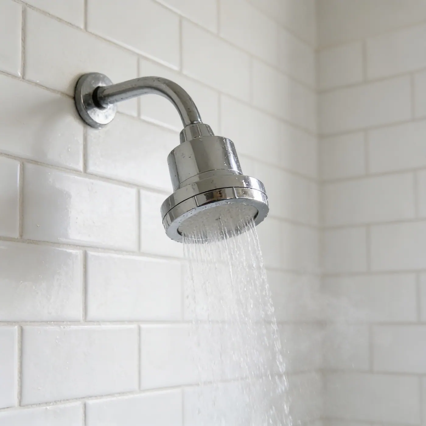 PURELY filtered showerhead with strong water flow on white subway tiles